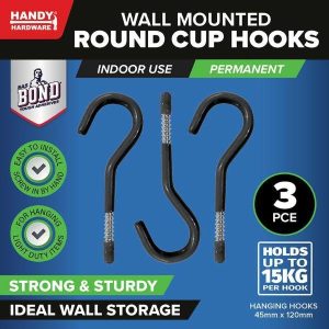 Clips & Hooks |  3 Pack Black Round Screw Hook – 11.5Cm X 4.5Cm Clips & Hooks Clips & Hooks