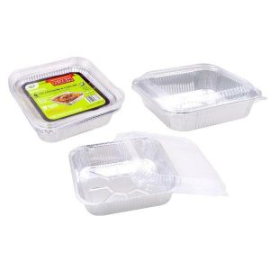 Foil Trays |  4 Pack Foil Trays With Clear Lids – 20.4Cm X 20.4Cm X 4.5Cm Catering Supplies Foil Trays