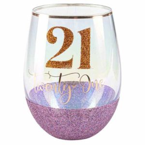 Milestone Birthday |  21 Purple Glitter Stemless Glass – 600Ml Birthday Party Supplies Milestone Birthday