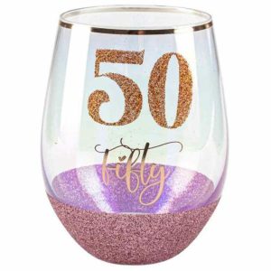 Milestone Birthday |  50 Pink Glitter Stemless Glass – 600Ml Birthday Party Supplies Milestone Birthday