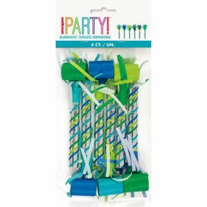 Party Blowouts |  6 Pack Blue & Green Stripe Fringed Party Blowouts Party Blowouts Party Blowouts