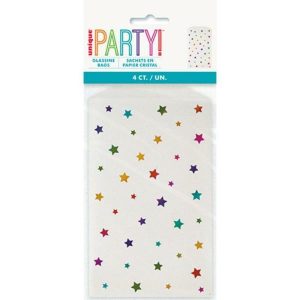 Party Cello Bags |  4 Pack Rainbow Star Foil Stamped Glasine Treat Bags Catering Supplies Party Cello Bags