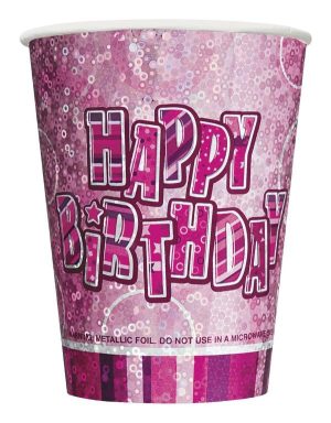 Party Cups |  6 Pack Glitz Pink Happy Birthday Paper Cups – 270Ml Party Cups Party Cups