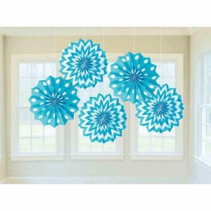 Party Hanging Decorations |  5 Pack Caribbean Blue Printed Paper Fan Decorations – 20Cm Party Decorations Party Hanging Decorations