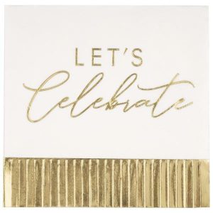 Party Napkins |  16 Pack Gold Lets Celebrate Fringe Foil Stamped Napkins – 33Cm X 33Cm Party Napkins Party Napkins