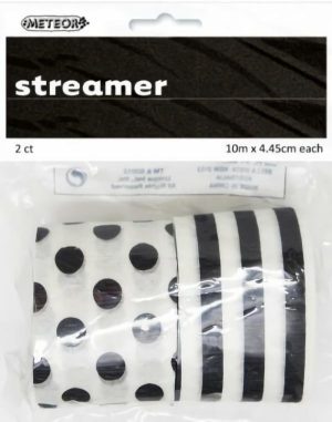 Streamers |  2 Pack Midnight Black Stripes & Dots – 10M X 4.45Cm Party Decorations Black