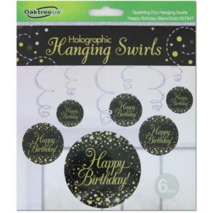 Swirls & Strings |  6 Pack Sparkling Fizz Black Gold Hbd Hanging Swirls Party Decorations Black